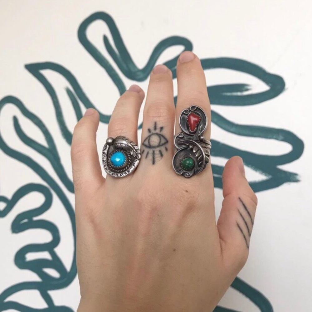 Vintage Navajo Turquoise & Coral Feather Ring